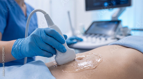 A healthcare professional in blue scrubs and gloves uses an ultrasound probe with gel on a patient's body.