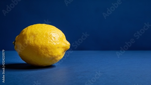 Single bright lemon isolated against deep blue gradient background for minimalist design