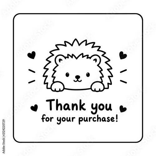 Cute thank you card featuring an adorable kawaii hedgehog with a friendly appreciation message. Minimal black and white design perfect for small business packaging, order inserts, customer gifts