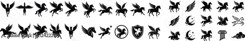 Large set of black pegasus silhouettes winged horse icons feathers crescent moons and mythical graphic elements isolated on white background
