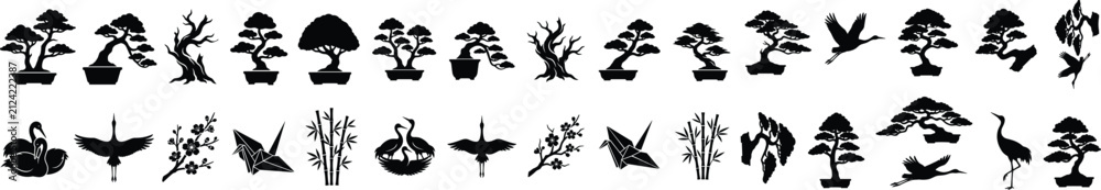 Obraz premium Large set of black Japanese bonsai tree silhouettes oriental cranes origami birds and botanical design elements isolated on white background
