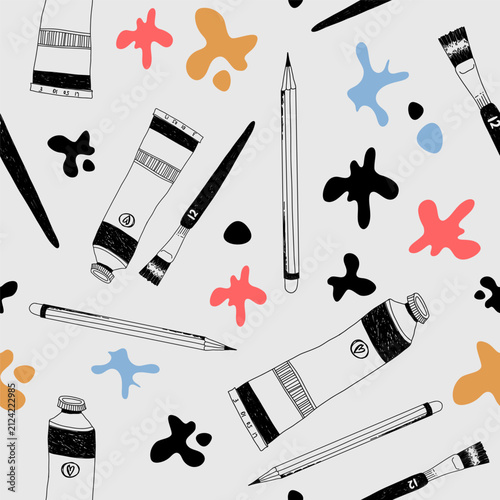 Seamless pattern of paint spots, pencils and brushes. Art theme background