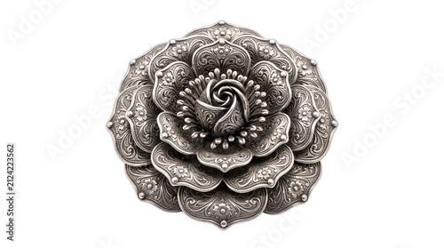 Detailed metallic rose crafted with intricate petals features a silver hue, presented with clean isolation for elegant commercial use against a transparent backdrop.
