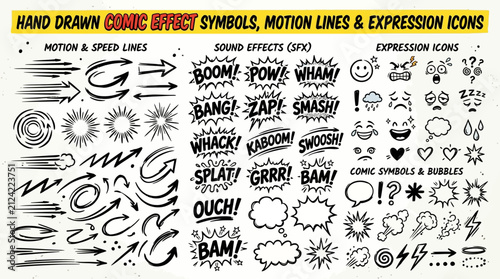 Fotografie Hand-drawn comic effect symbols, motion lines, sound effects, and expression icons for graphic design projects