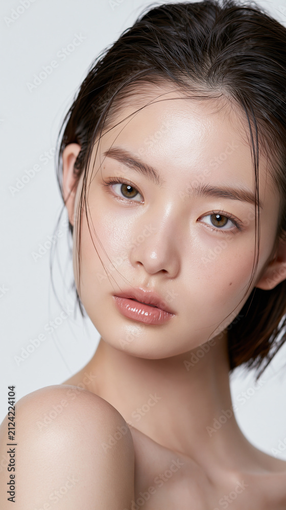 Obraz premium clean beauty portrait of japanese woman with short black hair, natural makeupfree japanese woman portrait with fair skin and almond eyes