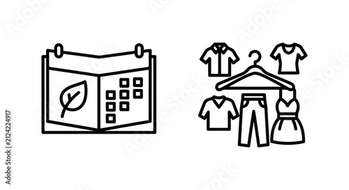 Seasonal fashion collection preview and clothing hanger icon set with clothing seasonal collection shopping wardrobe calendar lookbook inventory business commercial illustration