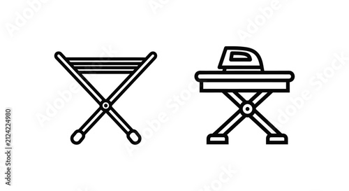 Housekeeping and laundry icons featuring folding clothes drying rack and iron on ironing board housekeeping appliance cleaning domestic household equipment illustration minimalist