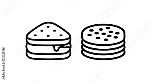 Minimalist line art icons of a sandwich and a stack of round cookies with sandwich breakfast minimalist culinary triangular delicious illustration collection catering