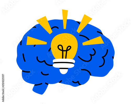 Hand drawn illustration of human brain with light bulb. Flat vector lighting equipment and human internal organ doodle. Bright idea or insight. Back to school. Creativity thinking icon. Isolated