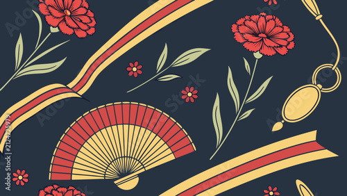 Japanese floral pattern with folding fan, red carnations, golden ribbons and elegant decorative elements on dark background