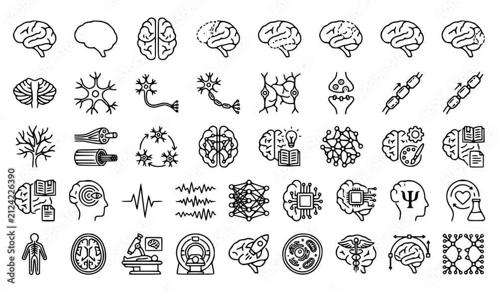 Obraz premium Modern Brain and Neuron Structures Thin Line Icon Collection