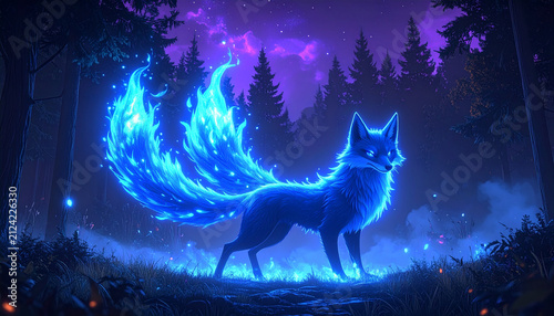 The Image Is A Digital Illustration Of A Fox Standing In A Forest At Night Ocr