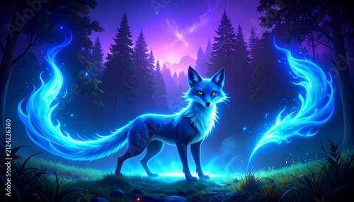 The Image Is A Digital Illustration Of A Fox Standing In A Forest At Night