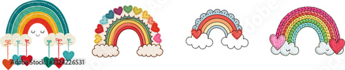 A charming Scandinavian-style rainbow adorned with knitted hearts hangs against a soft white backdrop, exuding warmth and cheerfulness