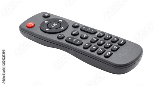 Dark gray multimedia remote control device with numerous buttons, professionally isolated on a transparent background for technology applications.