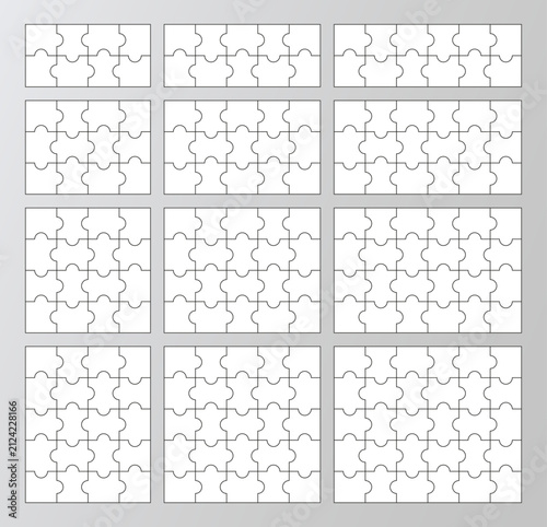 Jigsaw grid set. Process puzzles diagram presentation. 12 infographics collection. Business chain infographic. Business info graphic with steps, parts. Vector illustration