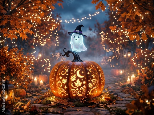 Glow pumpkin and ghost in dark autumn forest.