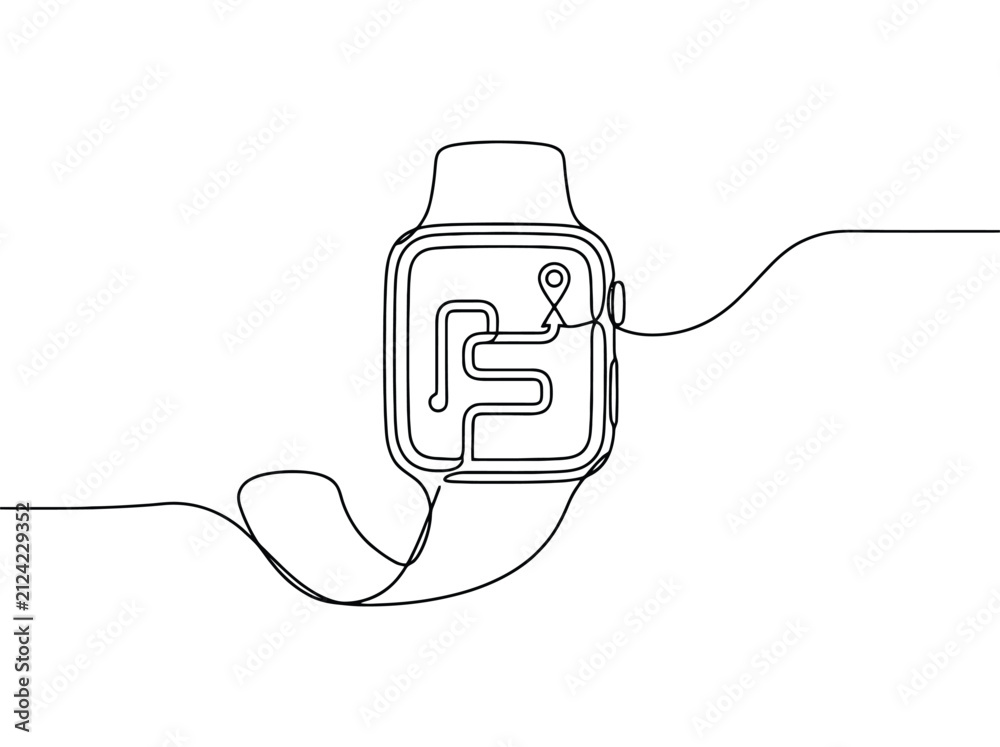 Obraz premium Smartwatch with pin and map route visualized with minimalist continuous line art drawing