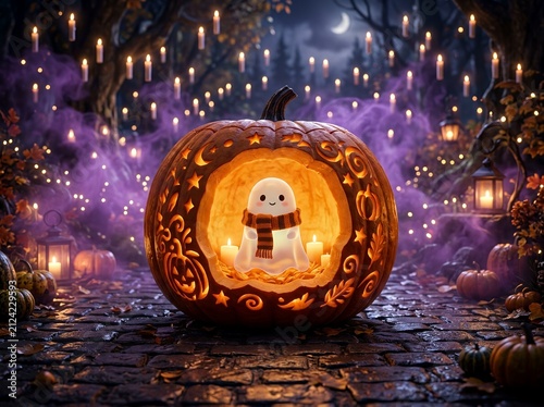 Glowing jack-o-lantern with ghost inside at night