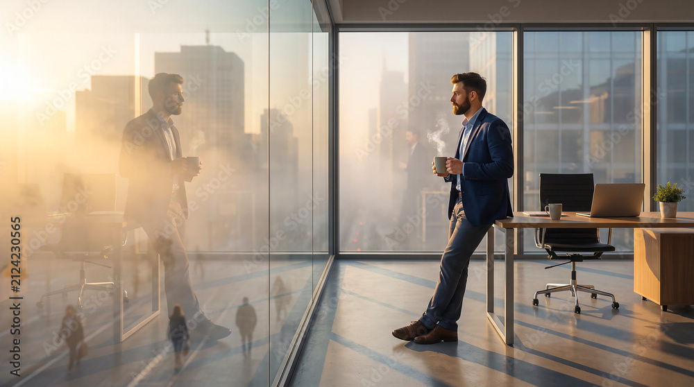 Fototapeta premium Golden light bathes modern office space. AI generated .