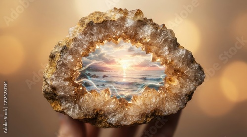 Plakat Citrine geode with fantasy ocean sunset inside