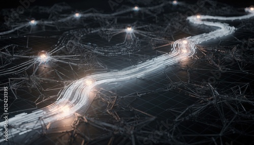 Focused medium shot of a dynamic path animation showing fiber signals automatically rerouting around faults on a digital network layout with sharp details on the active fiber line.