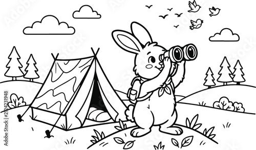 Cute cartoon rabbit camping with binoculars in a nature landscape for a fun children coloring page activity