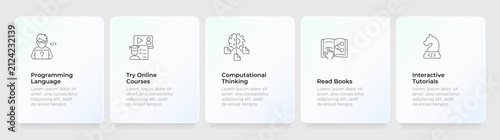 Interactive edtech user experience feature cards layout. Educational tech. Digital curriculum overview. Minimalist UI UX design with line icons. Website section for services and information