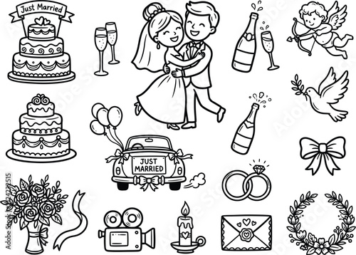 Wedding doodle clipart vector set, cute bride and groom, tiered wedding cake, just married car balloons, champagne glasses, cupid, dove, flower bouquet