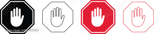 Set of stop sign icons with hand symbols in solid and outline styles
