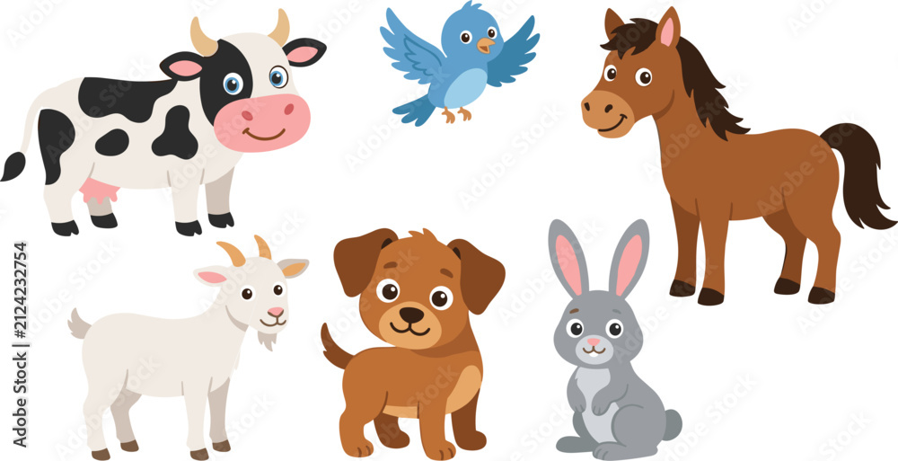 Obraz premium Cute Cartoon Farm Animals and Domestic Pets Collection Featuring Cow Blue Bird Horse Goat Puppy Dog and Gray Rabbit for Kids Book Graphic Illustrations