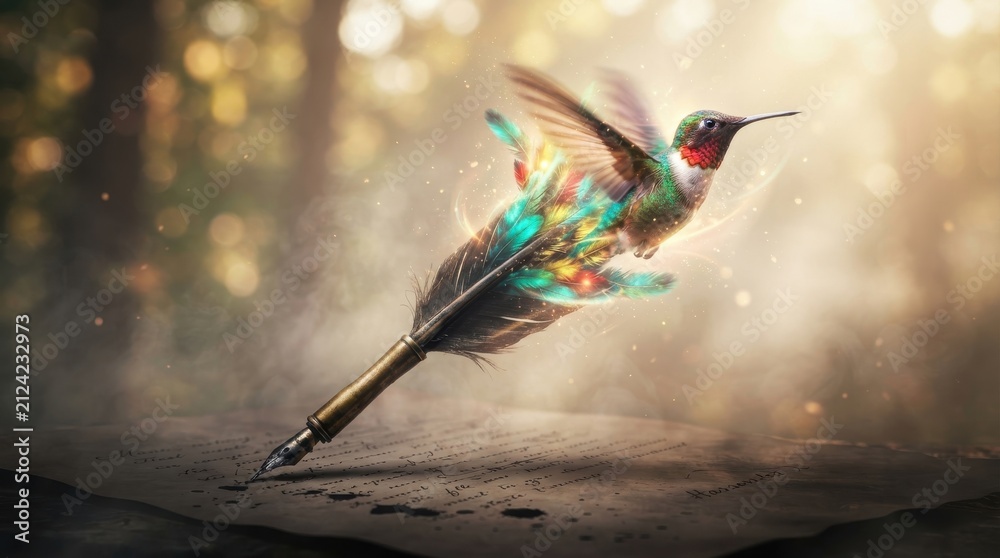 Fototapeta premium Hummingbird transforming into a fountain pen writing on paper