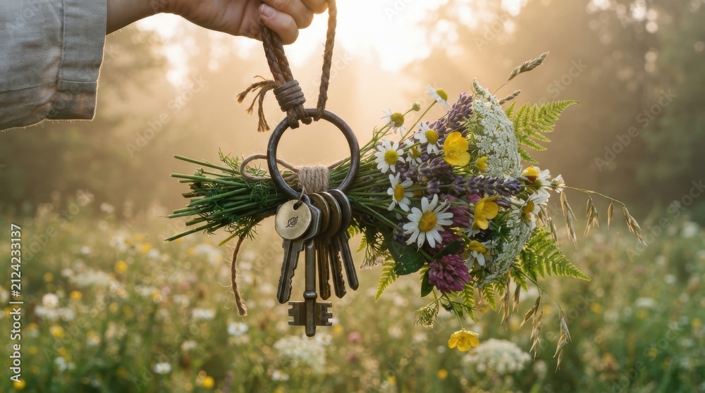Fototapeta premium Hand holding antique keys with a wildflower bouquet