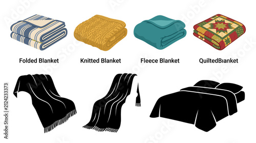 Set of Blanket Vector Illustrations Featuring Folded Blanket, Knitted Blanket, Fleece Blanket, Quilted Blanket, Throw Blanket and Luxury Bed Blanket Isolated on White Background