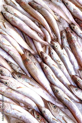A large pile of fresh small silver fish displayed together on crushed ice at a traditional seafood market.