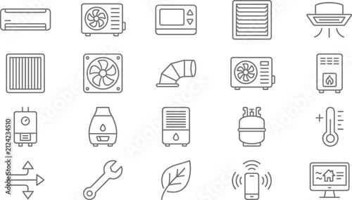 HVAC Components and Smart Climate Control Line Icons