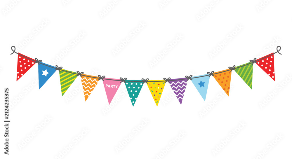 Fototapeta premium Colorful party bunting flags hanging on a string a decorative vector illustration silhouette pennants celebration festival decorations
