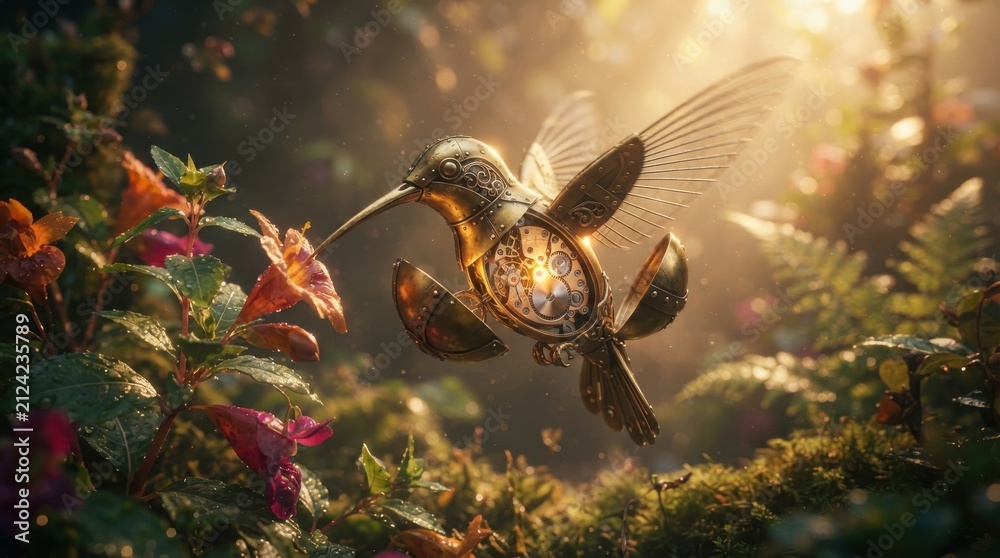 Fototapeta premium Steampunk mechanical hummingbird hovering near flowers