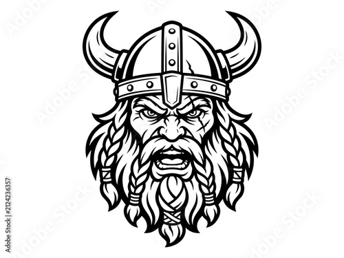 Detailed bearded Viking warrior head with horned helmet