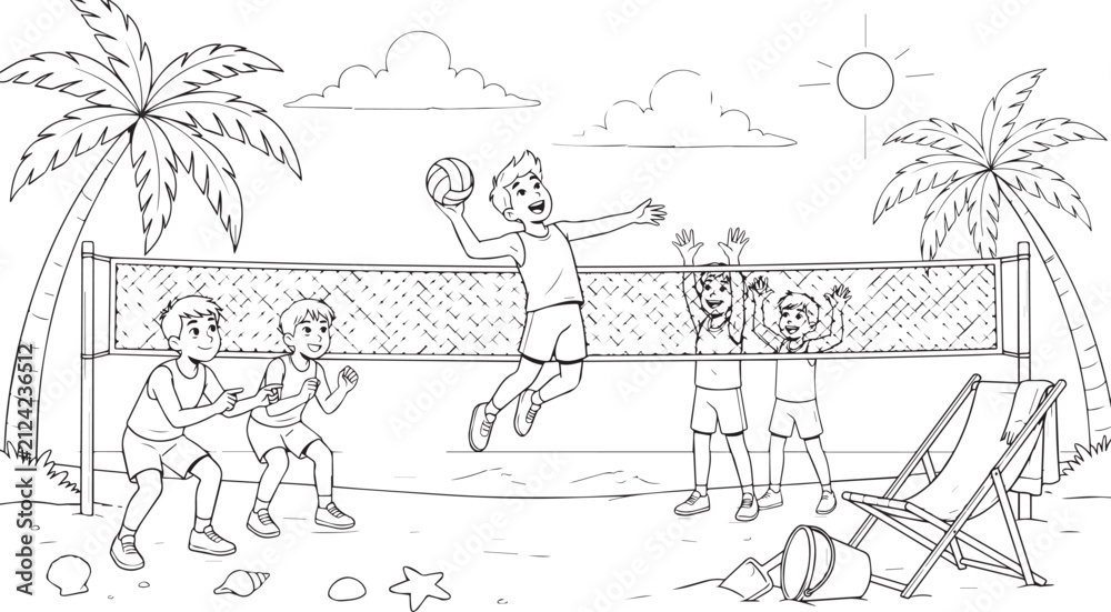 Fototapeta premium People playing beach volleyball on sunny day illustration with volleyball vacation recreation activity tropical exercise relaxation lifestyle enjoyment
