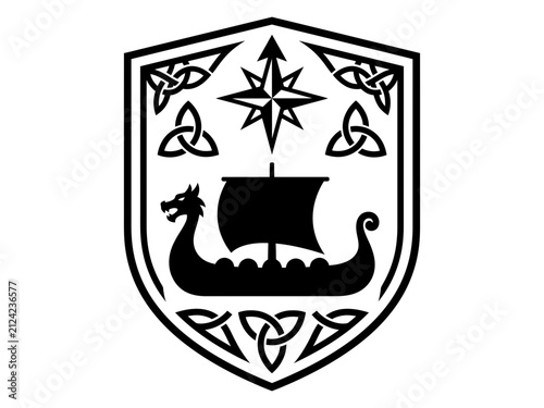 Foto Viking longship heraldic shield with compass star