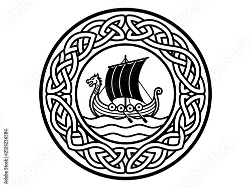 Viking longship inside dense circular Celtic knot medallion