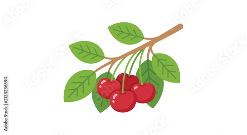 A branch with red cherries and green leaves presented as a flat vector silhouette cherry fruit fruits