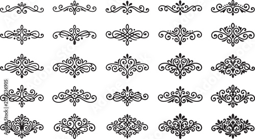 Set of elegant black vintage flourish calligraphic design elements isolated on white background