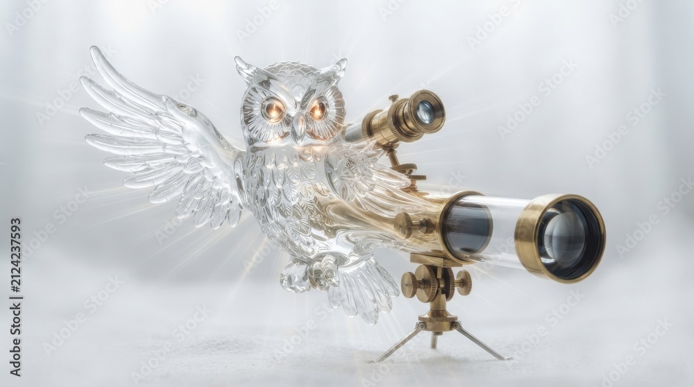 Fototapeta premium Glass owl figurine with vintage brass telescope
