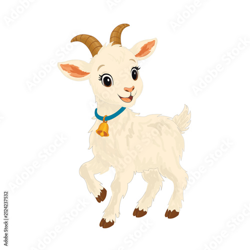 A cute goat with fluffy white fur, curved horns, and a blue collar with a gold bell.