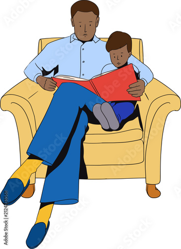 A father and his son are reading a book together, sitting on a sofa. Quality family time. Vector illustration.