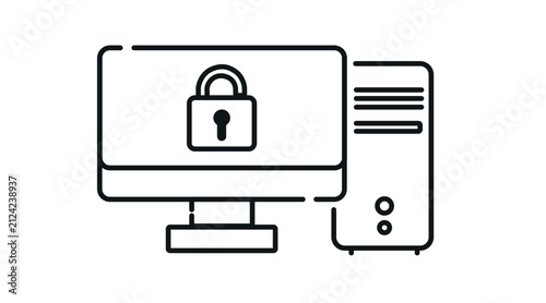 Desktop computer tower and monitor with padlock symbol on screen vector icon. Black line art style on white background. Cyber security, data protection, and privacy safety concept.