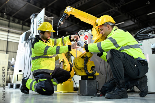 Workers repair industrial robot in warehouse during daytime