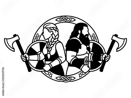 Bild auf Leinwand Male and female Viking warriors with axes in round emblem